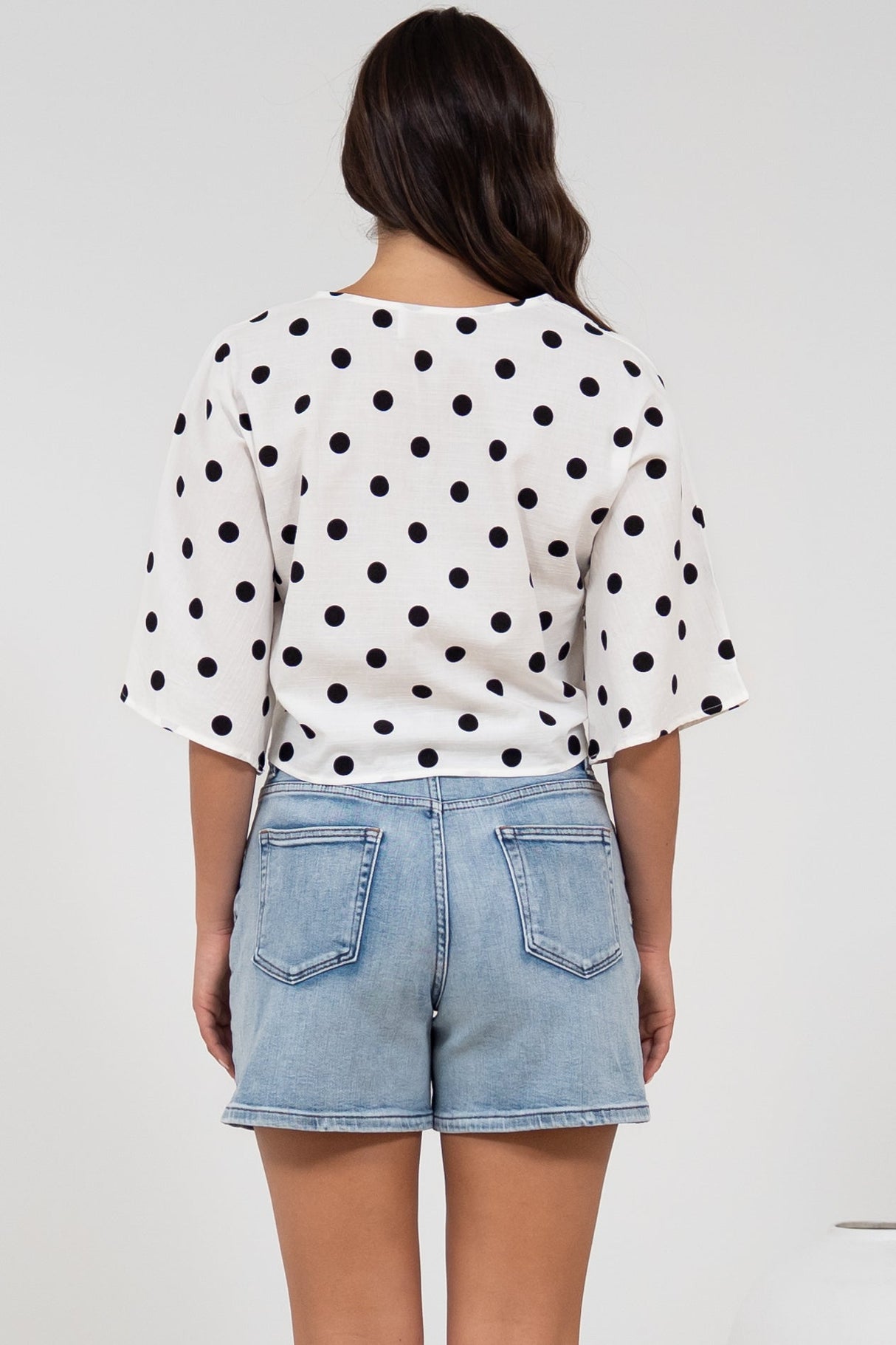 Waverly Top - V-Neck Button Down Top with Tie at Waist in Black Polka Dot Print