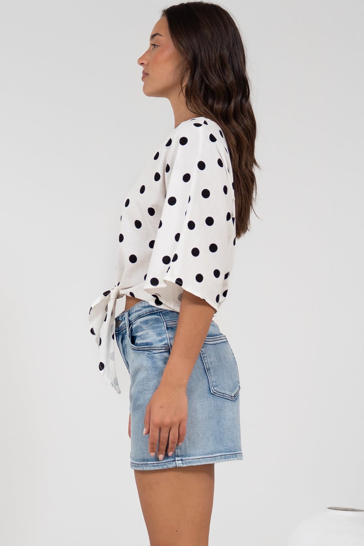 Waverly Top - V-Neck Button Down Top with Tie at Waist in Black Polka Dot Print