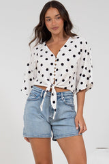 Waverly Top - V-Neck Button Down Top with Tie at Waist in Black Polka Dot Print