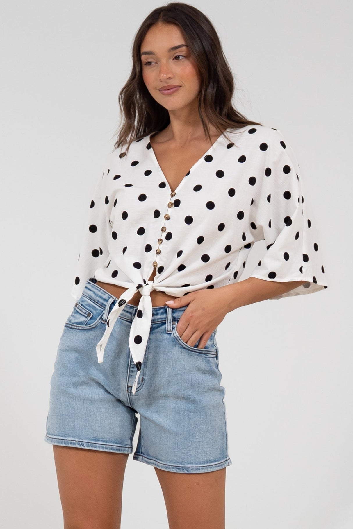 Waverly Top - V-Neck Button Down Top with Tie at Waist in Black Polka Dot Print