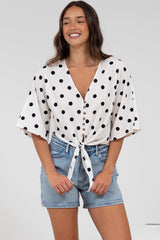 Waverly Top - V-Neck Button Down Top with Tie at Waist in Black Polka Dot Print