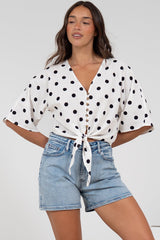 Waverly Top - V-Neck Button Down Top with Tie at Waist in Black Polka Dot Print