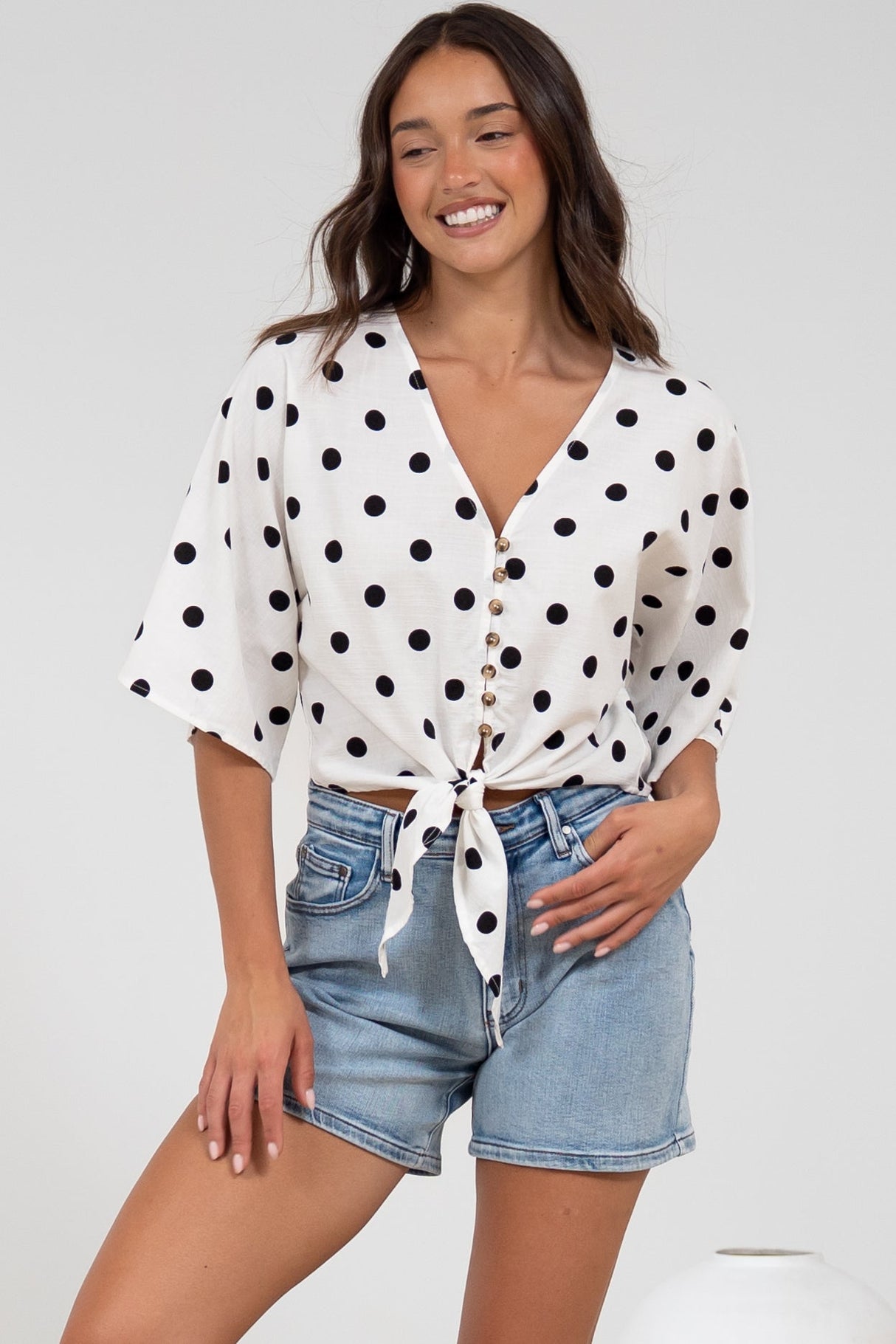 Waverly Top - V-Neck Button Down Top with Tie at Waist in Black Polka Dot Print