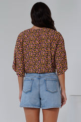 Waverly Top - V-Neck Button Down Top with Tie at Waist in Paige Print