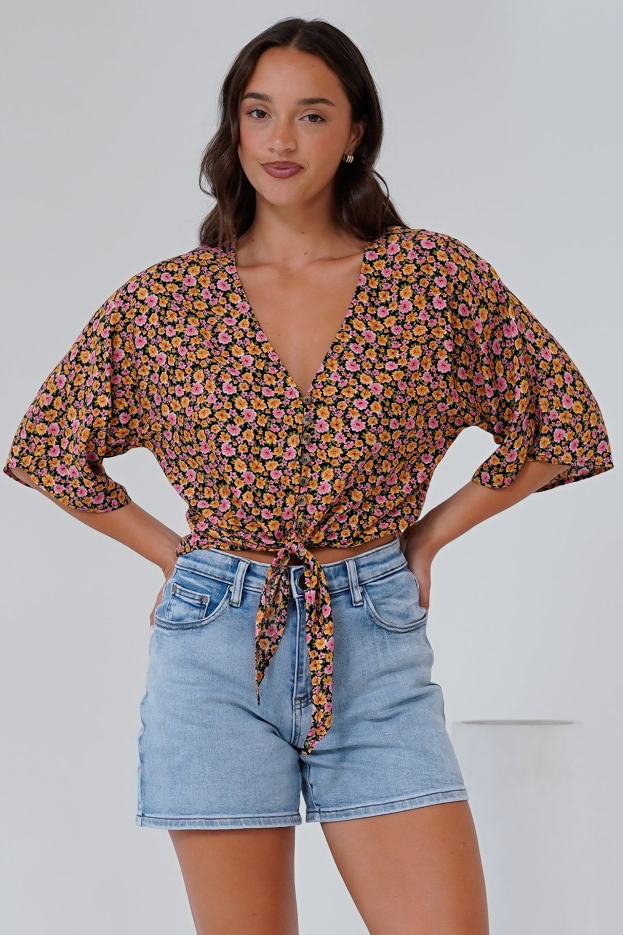 Waverly Top - V-Neck Button Down Top with Tie at Waist in Paige Print