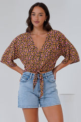 Waverly Top - V-Neck Button Down Top with Tie at Waist in Paige Print