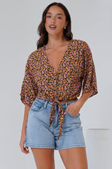 Waverly Top - V-Neck Button Down Top with Tie at Waist in Paige Print