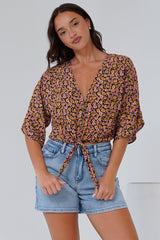 Waverly Top - V-Neck Button Down Top with Tie at Waist in Paige Print