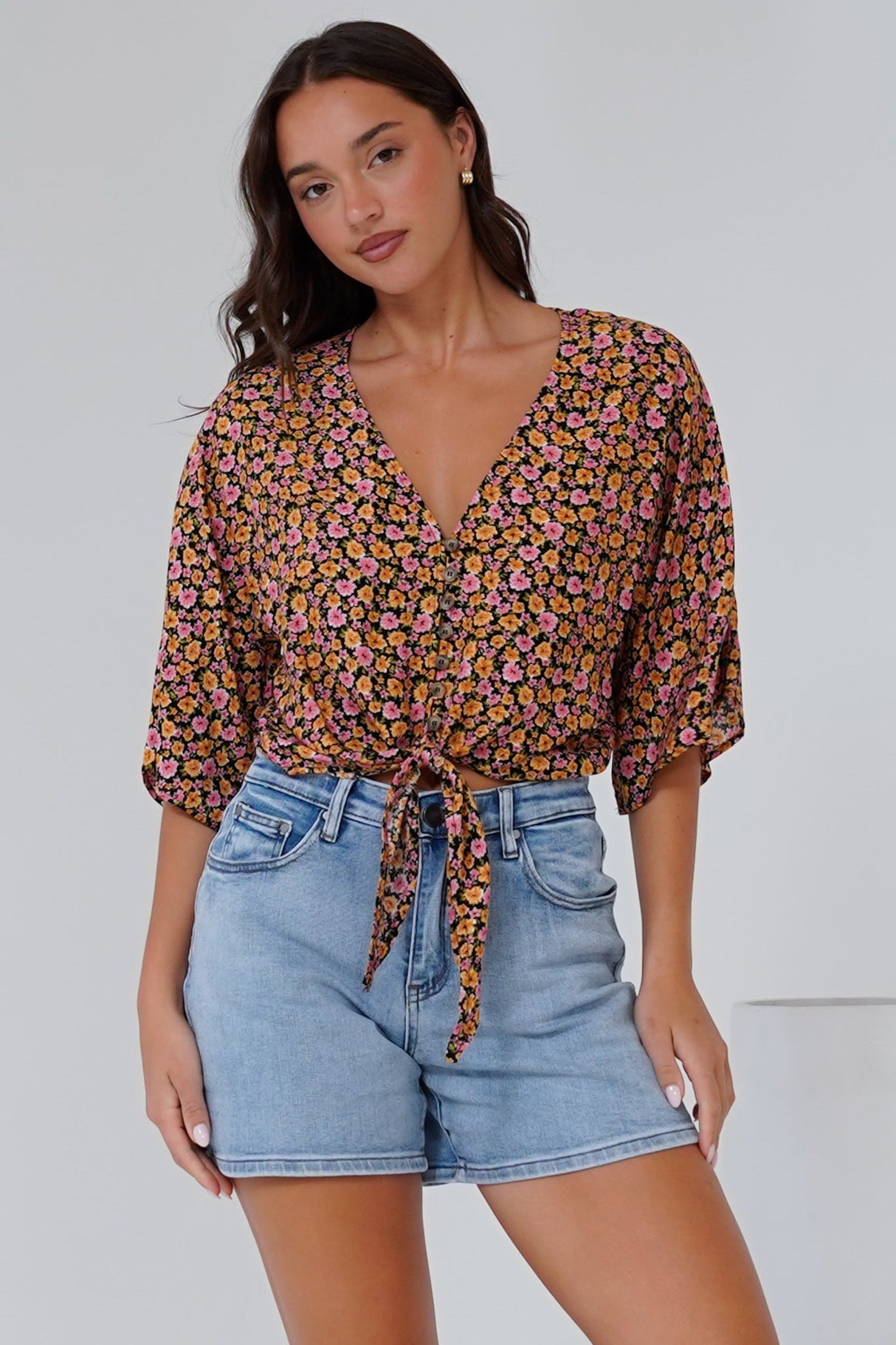 Waverly Top - V-Neck Button Down Top with Tie at Waist in Paige Print