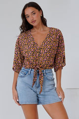 Waverly Top - V-Neck Button Down Top with Tie at Waist in Paige Print