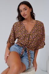 Waverly Top - V-Neck Button Down Top with Tie at Waist in Paige Print