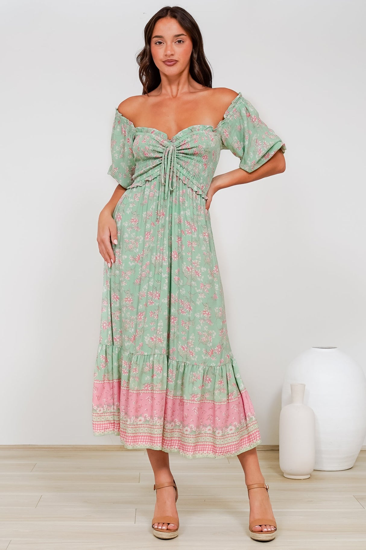Wellington Midi Dress - On or Off Shoulder A-Line Dress in Roxia Print