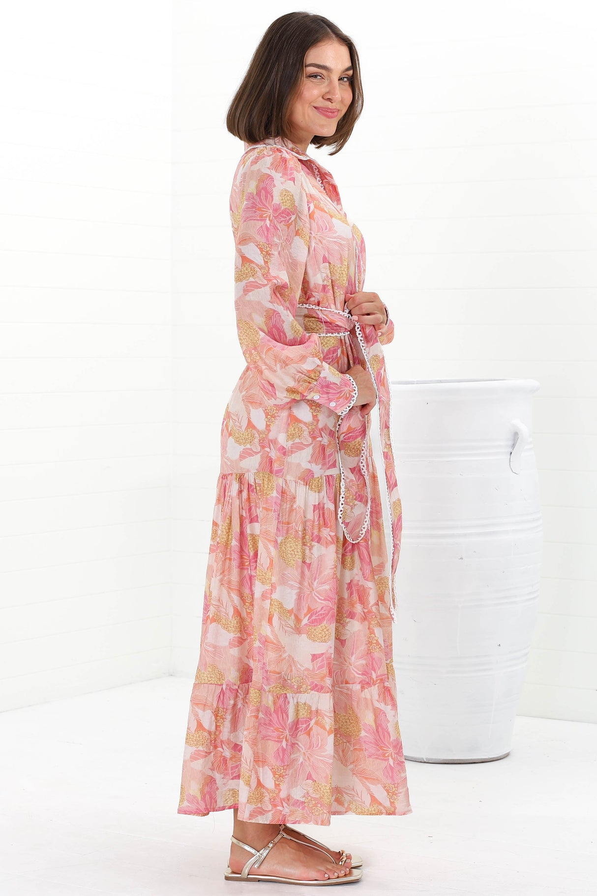 Wellsy Maxi Dress - Contrast Detailing Button Down Dress with Belt in Lola Print