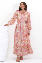 Wellsy Maxi Dress - Contrast Detailing Button Down Dress with Belt in Lola Print