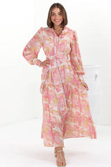 Wellsy Maxi Dress - Contrast Detailing Button Down Dress with Belt in Lola Print