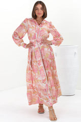 Wellsy Maxi Dress - Contrast Detailing Button Down Dress with Belt in Lola Print