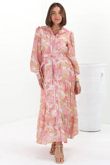 Wellsy Maxi Dress - Contrast Detailing Button Down Dress with Belt in Lola Print