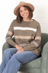 Wendi Jumper - High-Low Stripe Wool Blend Jumper in Brown