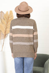 Wendi Jumper - High-Low Stripe Wool Blend Jumper in Brown