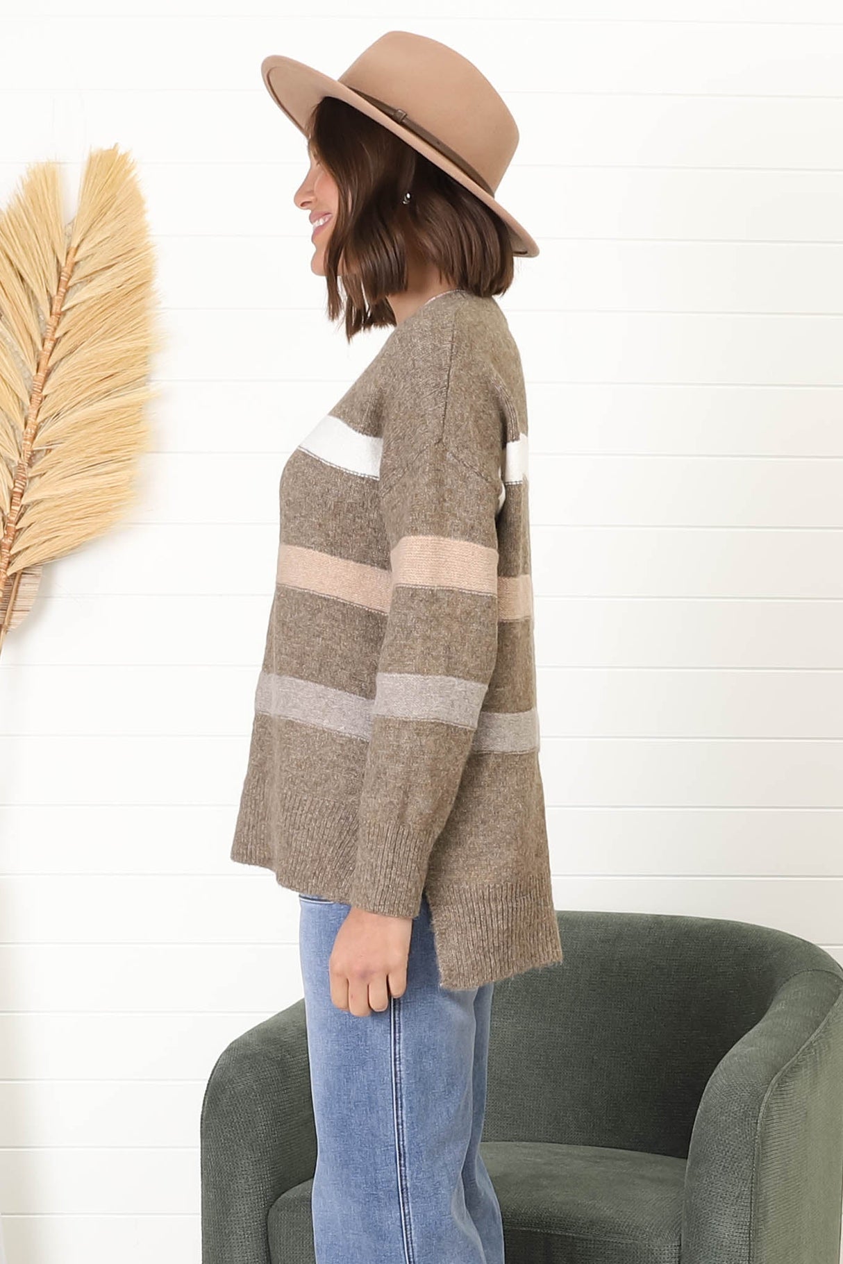 Wendi Jumper - High-Low Stripe Wool Blend Jumper in Brown