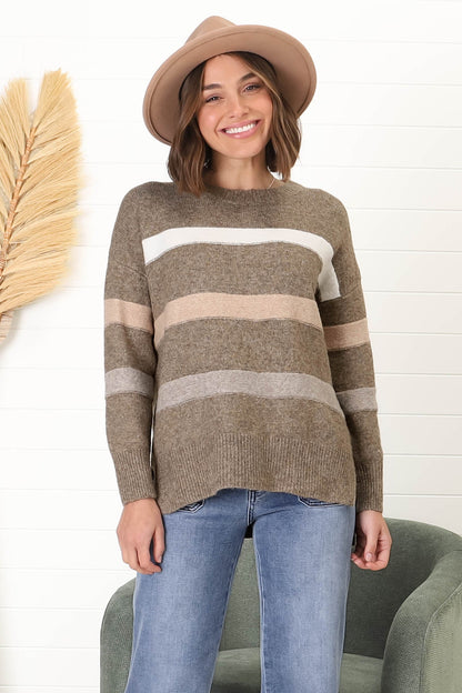 Wendi Jumper - High-Low Stripe Wool Blend Jumper in Brown