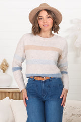 Wendi Jumper - High-Low Stripe Wool Blend Jumper in Oat