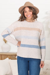 Wendi Jumper - High-Low Stripe Wool Blend Jumper in Oat