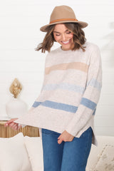 Wendi Jumper - High-Low Stripe Wool Blend Jumper in Oat