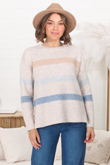 Wendi Jumper - High-Low Stripe Wool Blend Jumper in Oat