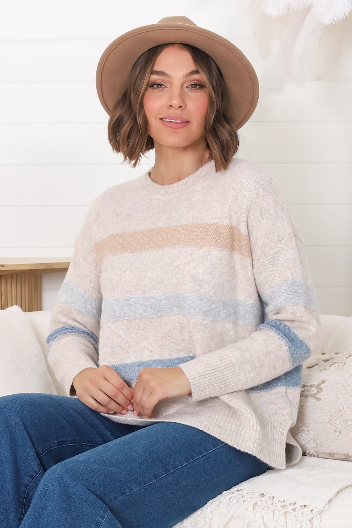 Wendi Jumper - High-Low Stripe Wool Blend Jumper in Oat