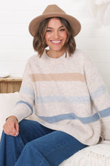 Wendi Jumper - High-Low Stripe Wool Blend Jumper in Oat