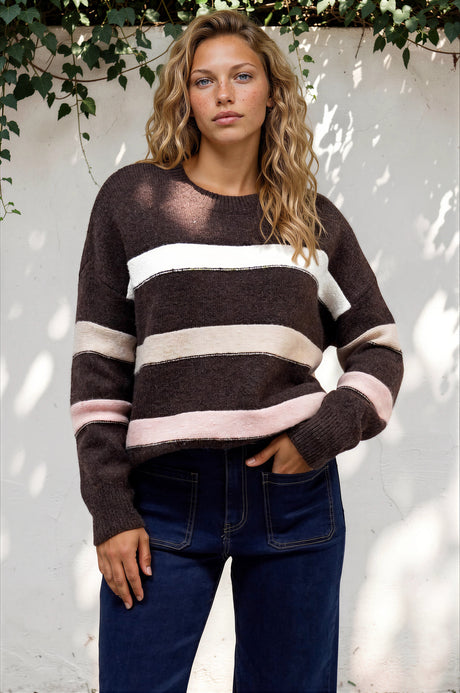 Model wearing Wendi Jumper in Chocolate from Salty Crush