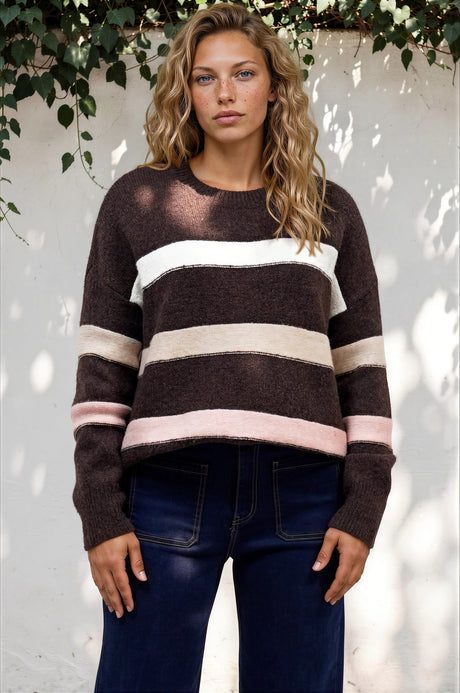 Model wearing Wendi Jumper in Chocolate from Salty Crush