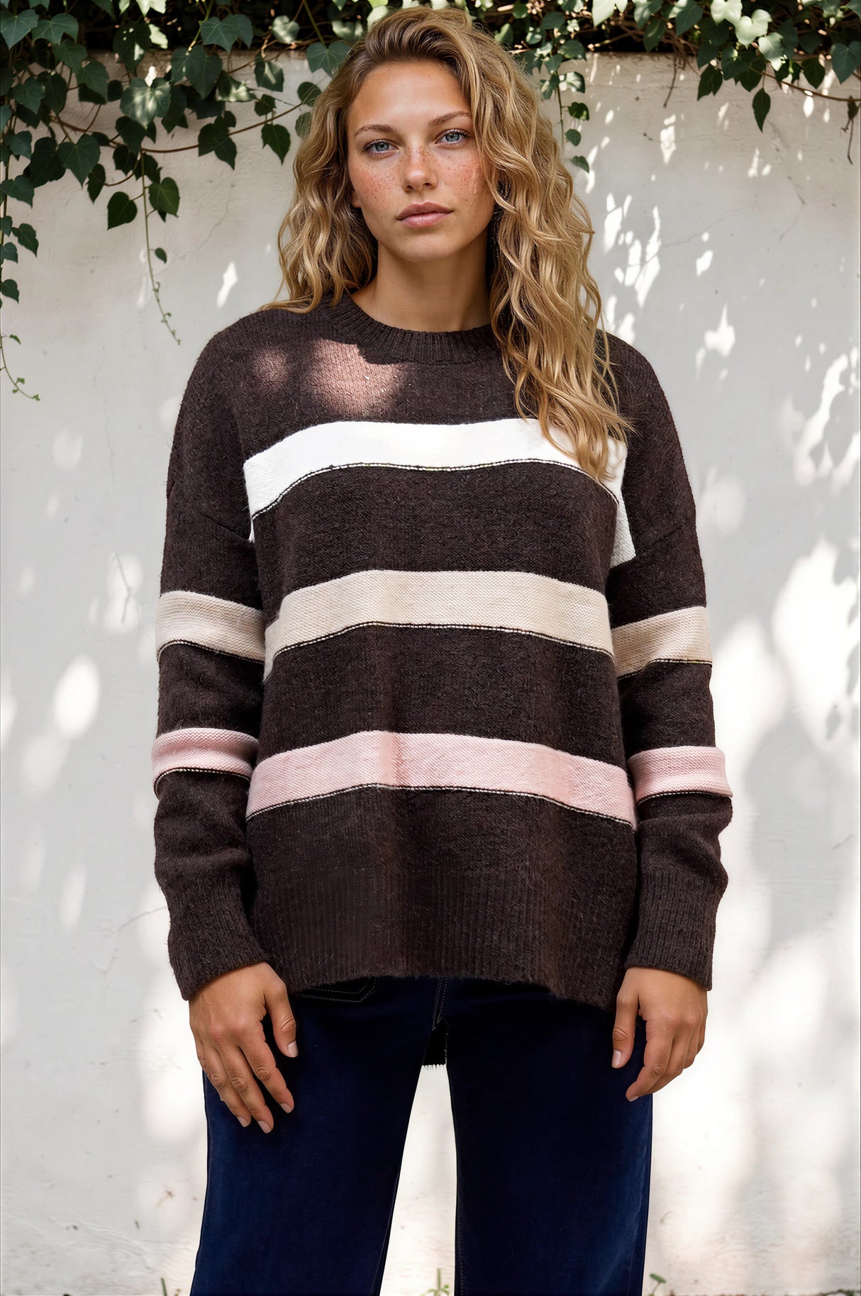 Model wearing Wendi Jumper in Chocolate from Salty Crush
