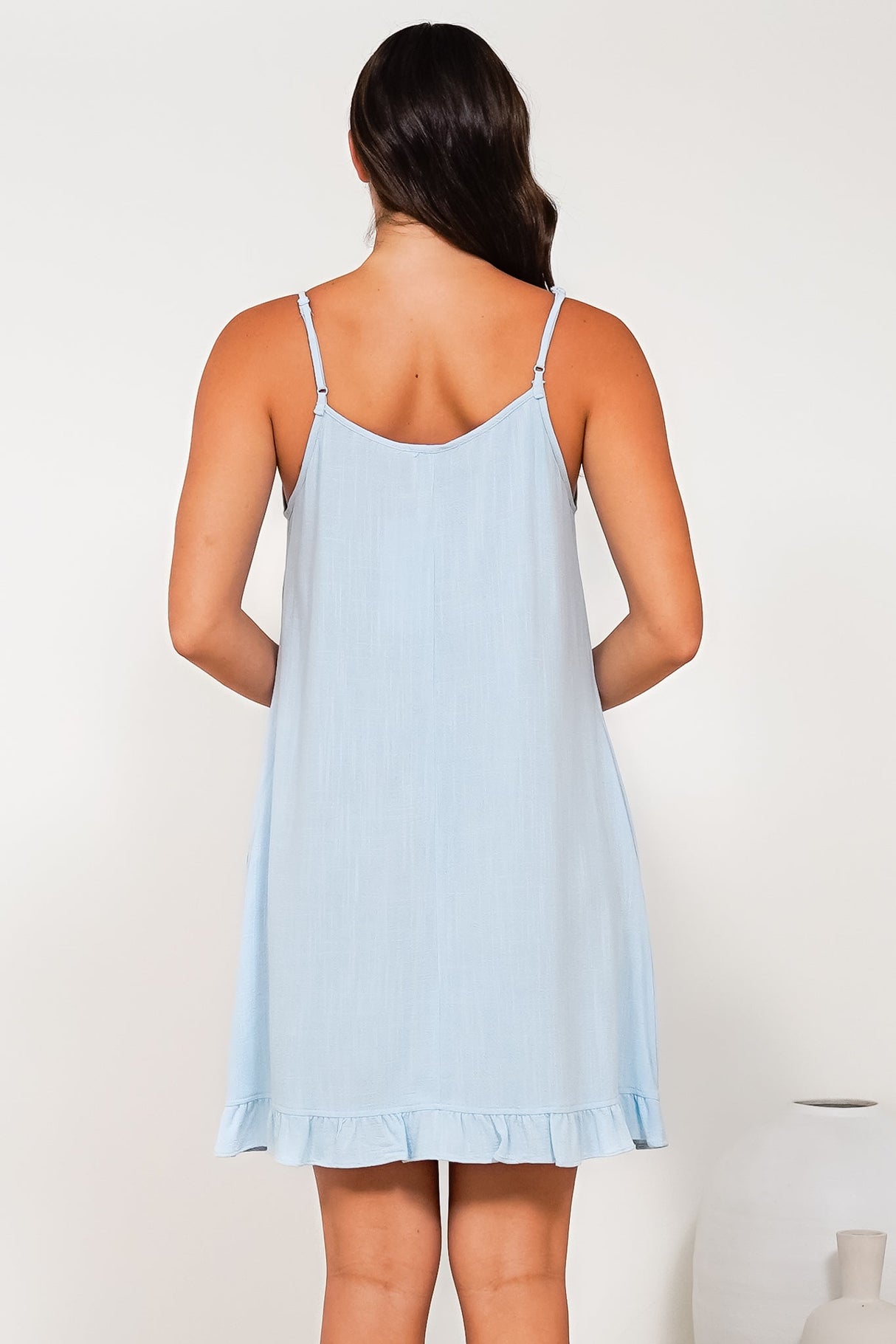 Wendy Mini Dress - Delicately Detailed Panel Relaxed Shift Dress with Spaghetti Straps in Light Blue