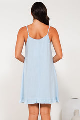 Wendy Mini Dress - Delicately Detailed Panel Relaxed Shift Dress with Spaghetti Straps in Light Blue