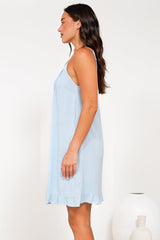 Wendy Mini Dress - Delicately Detailed Panel Relaxed Shift Dress with Spaghetti Straps in Light Blue