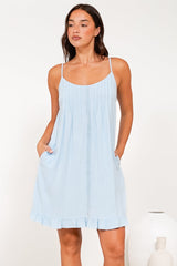 Wendy Mini Dress - Delicately Detailed Panel Relaxed Shift Dress with Spaghetti Straps in Light Blue