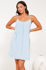 Wendy Mini Dress - Delicately Detailed Panel Relaxed Shift Dress with Spaghetti Straps in Light Blue