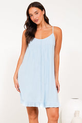 Wendy Mini Dress - Delicately Detailed Panel Relaxed Shift Dress with Spaghetti Straps in Light Blue