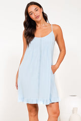 Wendy Mini Dress - Delicately Detailed Panel Relaxed Shift Dress with Spaghetti Straps in Light Blue