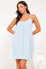 Wendy Mini Dress - Delicately Detailed Panel Relaxed Shift Dress with Spaghetti Straps in Light Blue