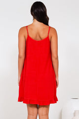 Wendy Mini Dress - Delicately Detailed Panel Relaxed Shift Dress with Spaghetti Straps in Red