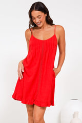 Wendy Mini Dress - Delicately Detailed Panel Relaxed Shift Dress with Spaghetti Straps in Red