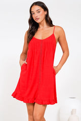 Wendy Mini Dress - Delicately Detailed Panel Relaxed Shift Dress with Spaghetti Straps in Red