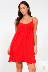 Wendy Mini Dress - Delicately Detailed Panel Relaxed Shift Dress with Spaghetti Straps in Red