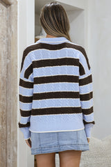 Westley Jumper - Wing Collared Striped Cable Knit with Buttoned Neckline in Blue/Coffee