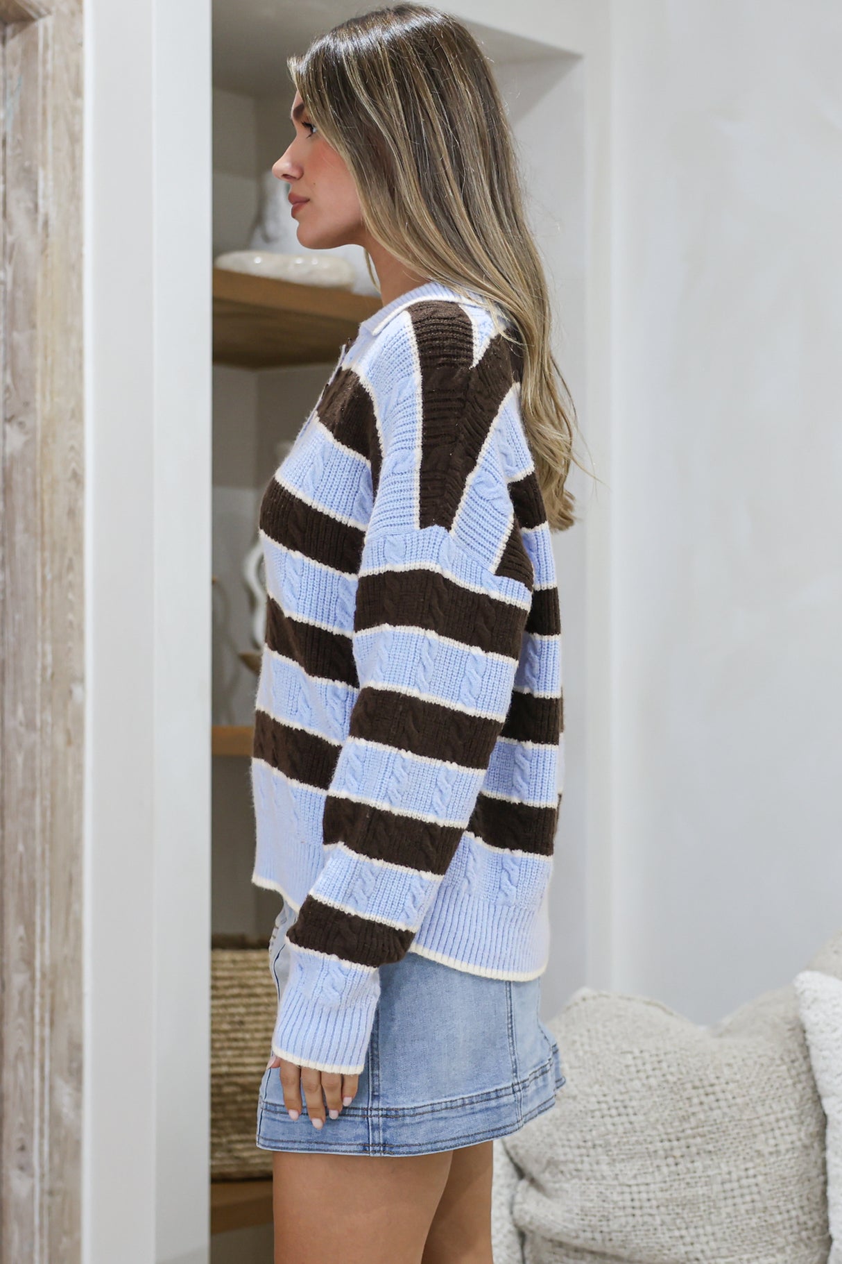 Westley Jumper - Wing Collared Striped Cable Knit with Buttoned Neckline in Blue/Coffee