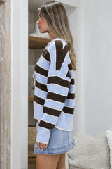 Westley Jumper - Wing Collared Striped Cable Knit with Buttoned Neckline in Blue/Coffee
