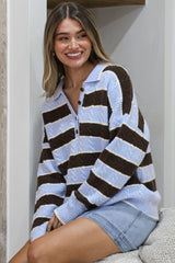 Westley Jumper - Wing Collared Striped Cable Knit with Buttoned Neckline in Blue/Coffee